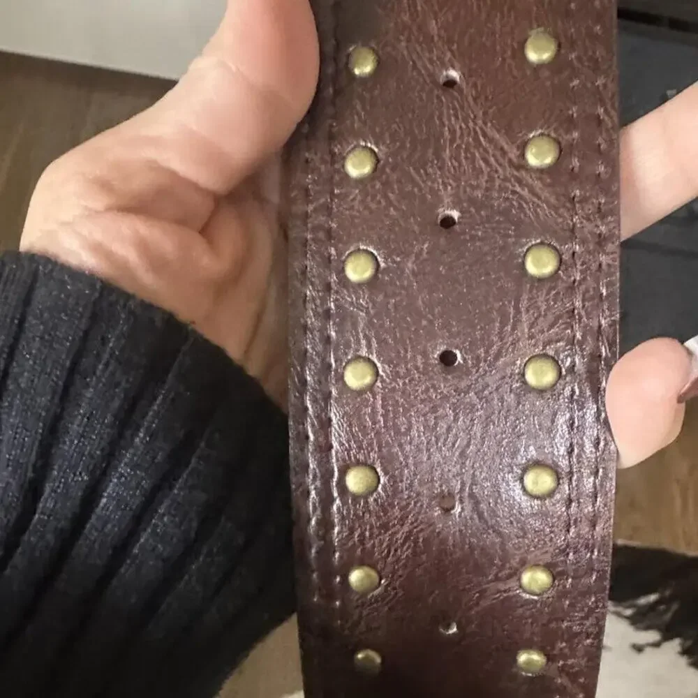 Wide Chunky Studded Brown Leather Vintage Style Waist Belt with Brass Buckle